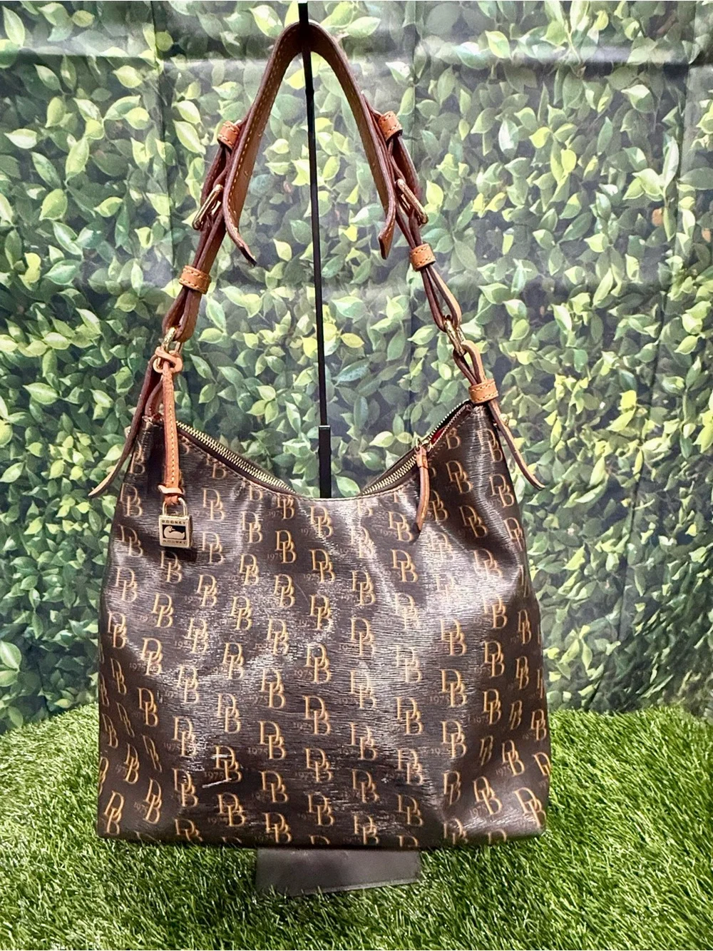 Dooney & Bourke 1975 Collins Monogram Hobo Brown Coated Canvas Leather Trim